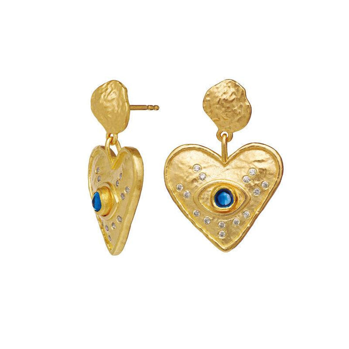 maanesten-constantine-earrings-in-gold-plated-sol shown as matte heart-shaped earrings with blue stones and clear small stones, Model 9850a-9850a-2