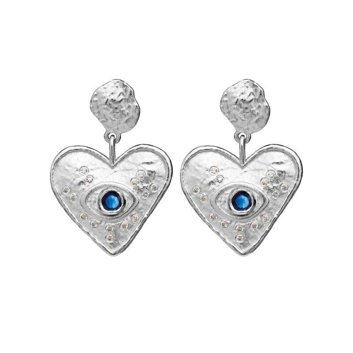 Maanesten Constantine Earrings in silver with heart shape and blue stone in the middle, Model 9850c-9850c-1.