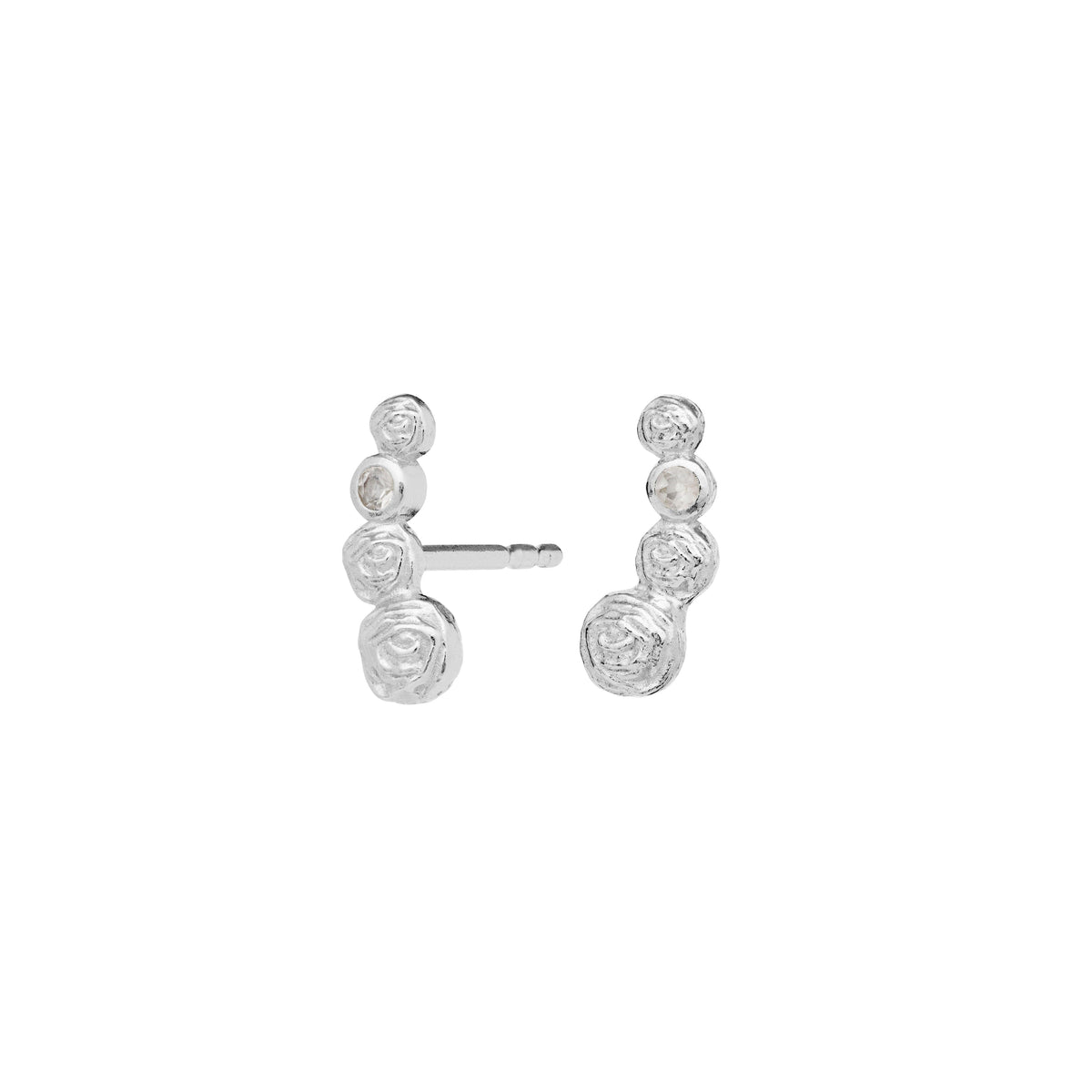 Diantha silver earrings with shiny, organic structure and small clear stones, Model 9983c-1.
