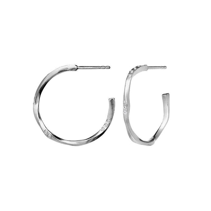Moonstone Echo Medium Hoops 23mm in silver with wavy surface and small set stones. Model 9862c-9862c-2