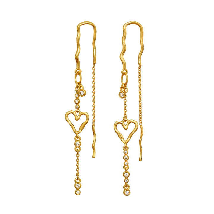 moonstone eliori twinkle gold plated earrings with heart shape, wavy chain and clear stones. Model 10168a-1