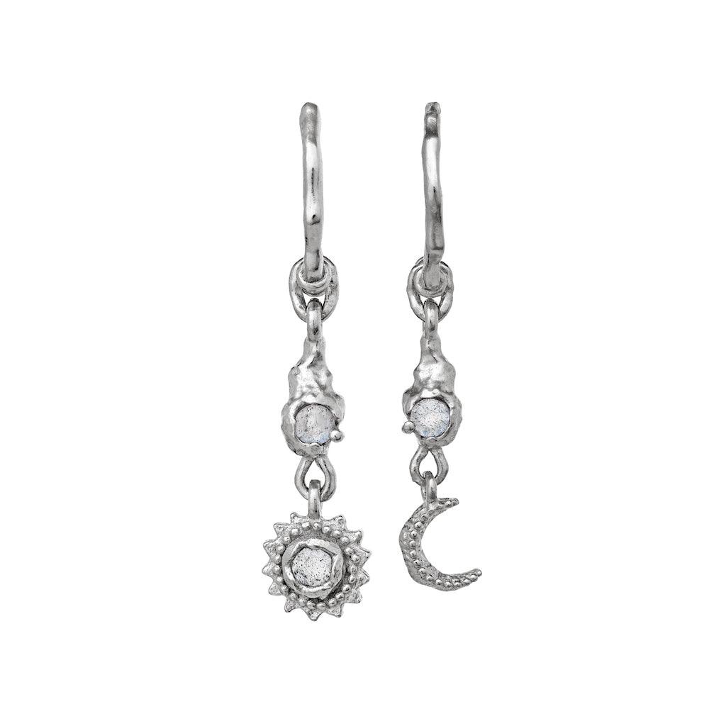 moon stone ember silver earrings with pendant shaped like sun and moon in structured silver, Model 9731c-9731c-1