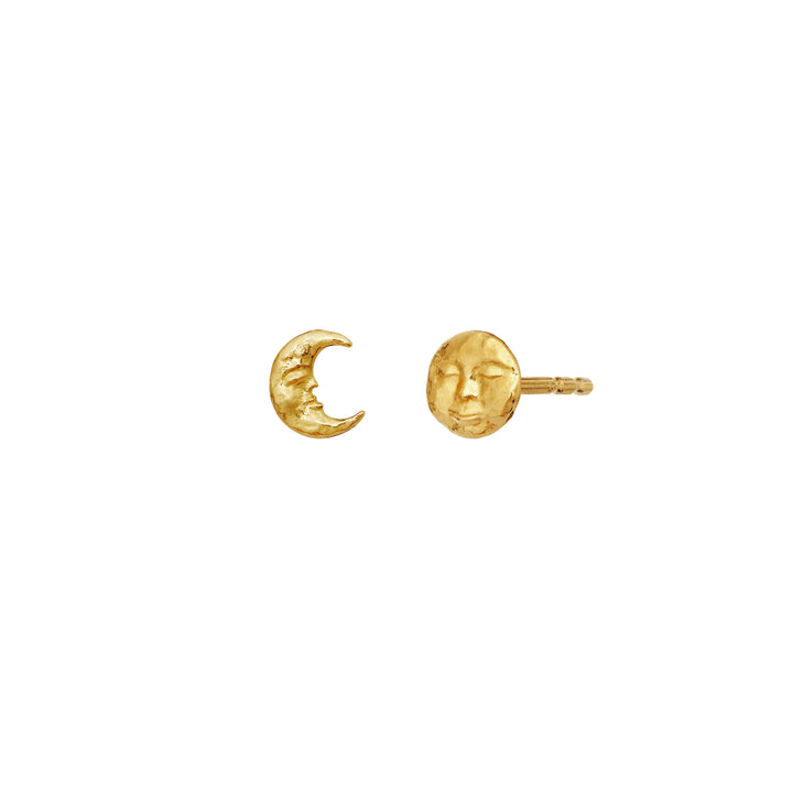 Moonstone Emma Gold Plated Earrings Show One Round Stud With Face and One Half Moon in Polished Gold, Model 10045a-1