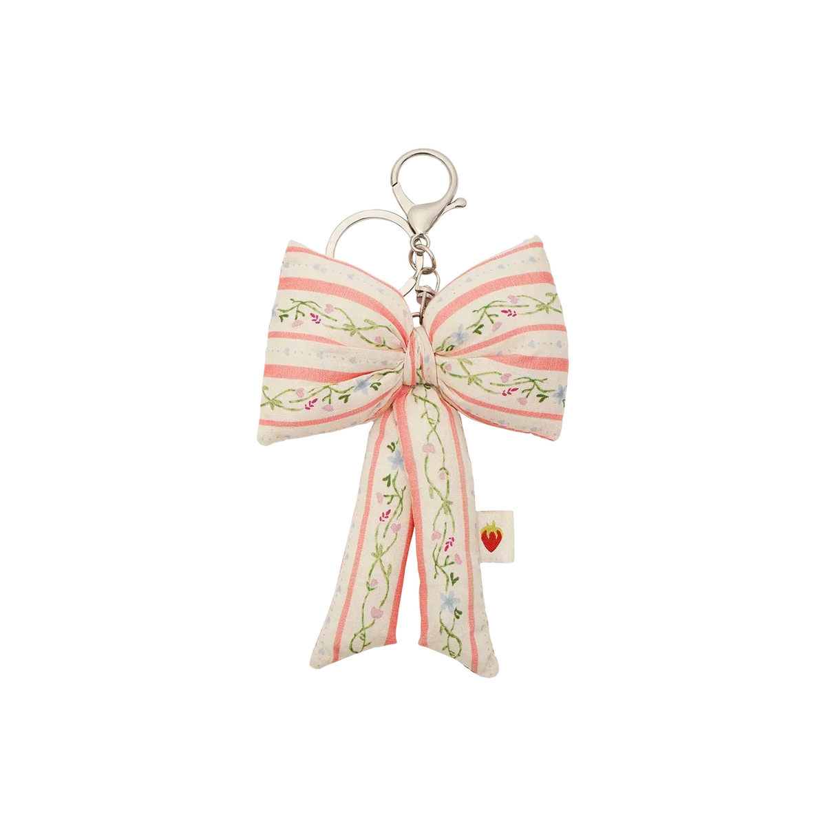 Maanesten Fabric Bow Keyring Summer Stripes Peach, large bow in pink and white stripes with flowers, Model 4112-1