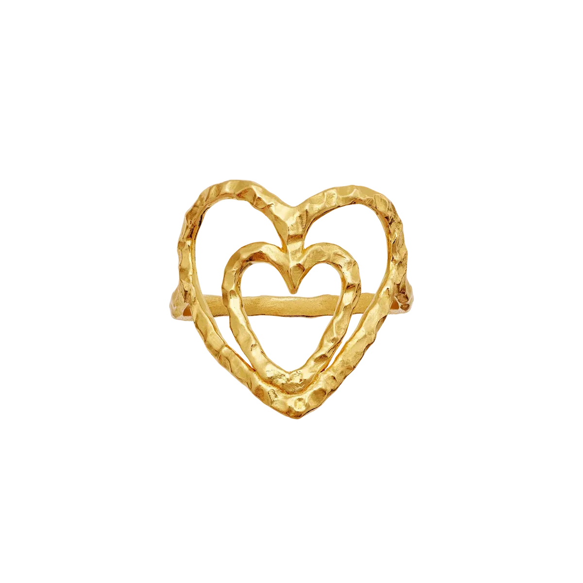 Moonstone Felicity gold-plated heart ring with two hammered open hearts in golden metal, Model 4880a-001.