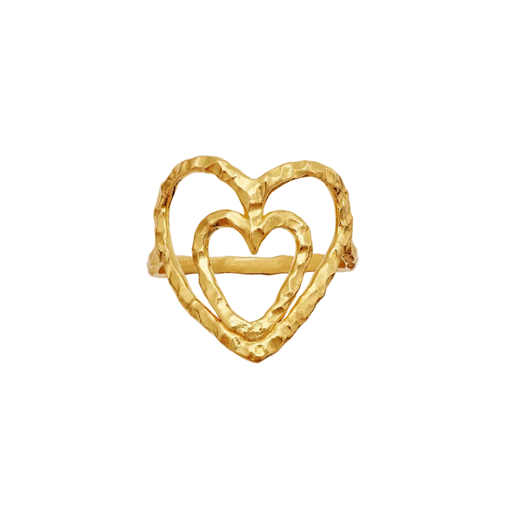 Moonstone Felicity gold-plated heart ring with two hammered open hearts in golden metal, Model 4880a-001.