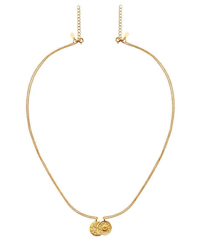 Maanesten Friendship Necklace, elegant gold necklace with two embossed pendants on a white background. Model 2688a-2