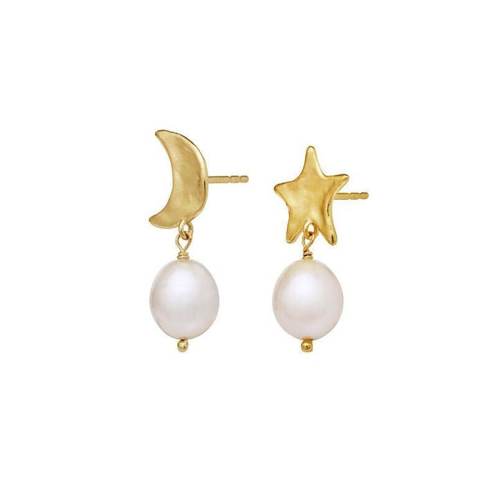 Moonstone Gabrielle gold-plated earrings with moon and star motif and white pearls, Model 9942a