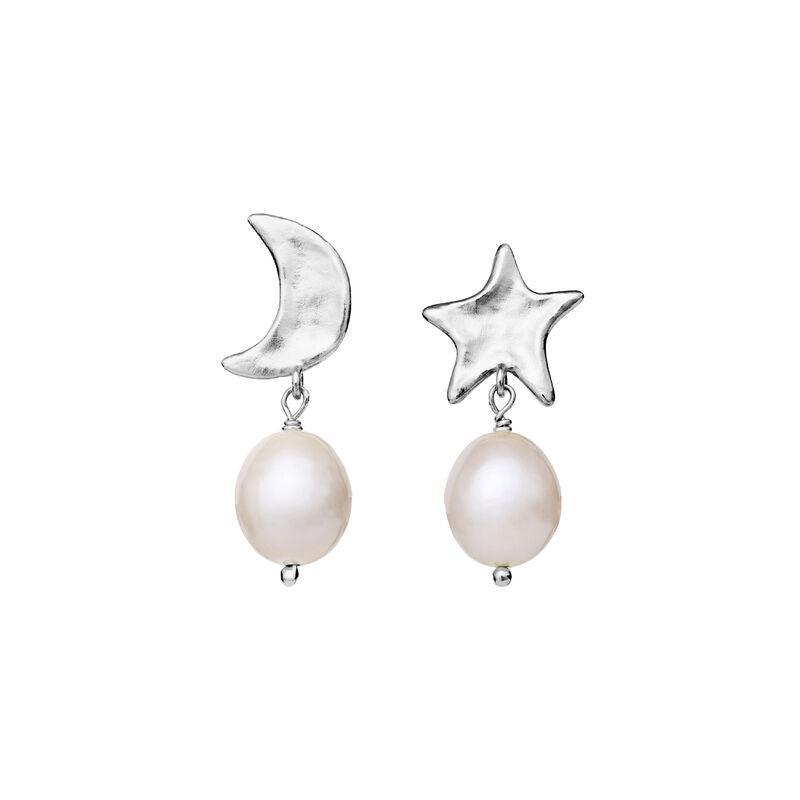 Moonstone Gabrielle silver earrings with moon and star, both decorated with white pearls. Model 9942c-1