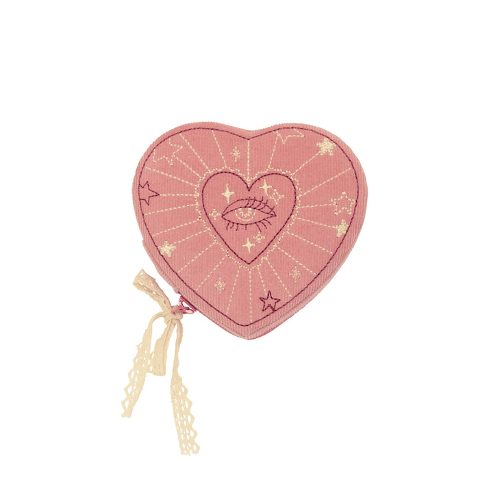 maanesten-heart-jewelry-box-in-pink-theatre-magic-4109-onesize, heart-shaped pink jewelry box with embroidery and lace. Model 4109-one size