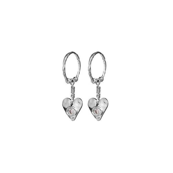 Moonstone Hestia Earrings in silver with heart pendant and clear stone, made in bright silver. Model 9848c-1