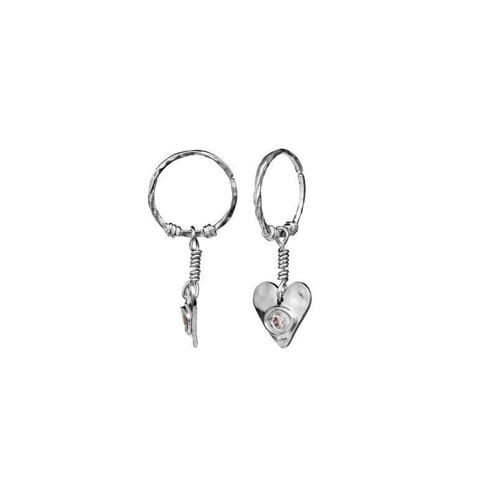 Moonstone Hestia Earrings in silver with heart pendant and detailed surface, Model 9848c-2.