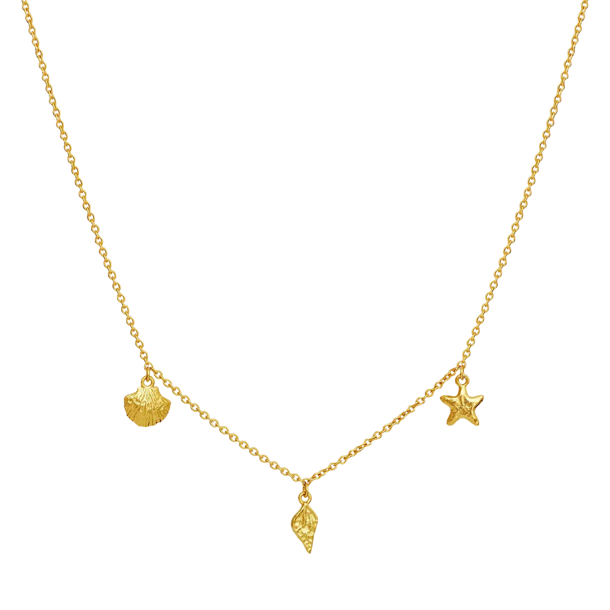 moonstone-iluka-necklace-gilded with fine, golden pendants in a sea theme against a black background. Model 2818a-1.