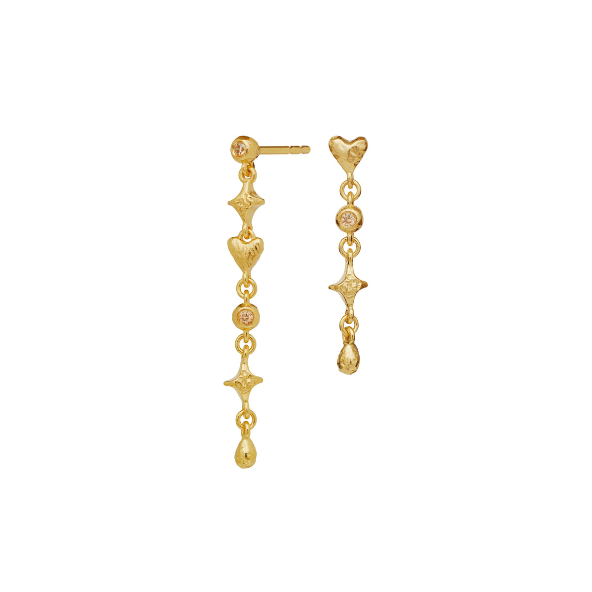 Maanesten Isidora gold-plated earrings with hearts, asymmetrical design, Model 10000a-1.