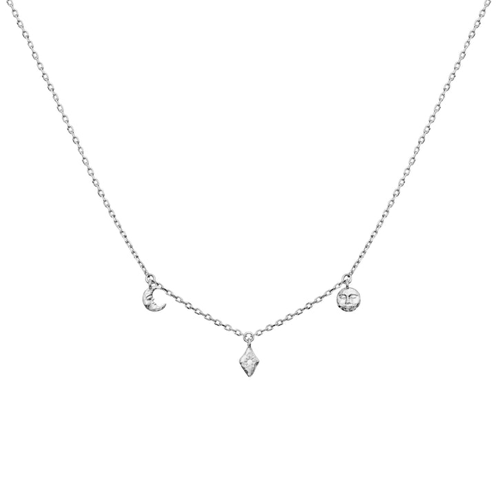 Maanesten Lea silver necklace with moon, diamond and sun pendant on a simple chain. Model 2806c-1.