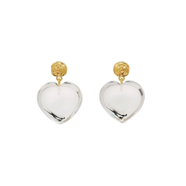 maanesten lemona grande gold-plated heart earrings with clear heart pendants and gold details, Model 9976a
