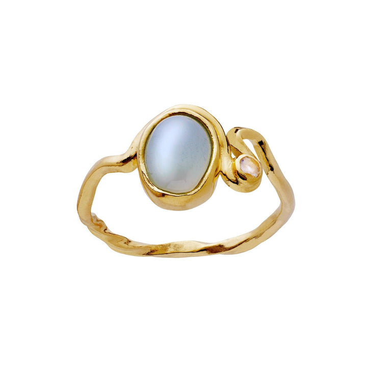 Moonstone Lorelei gold-plated ring with pearl in organic design, front, model 51236