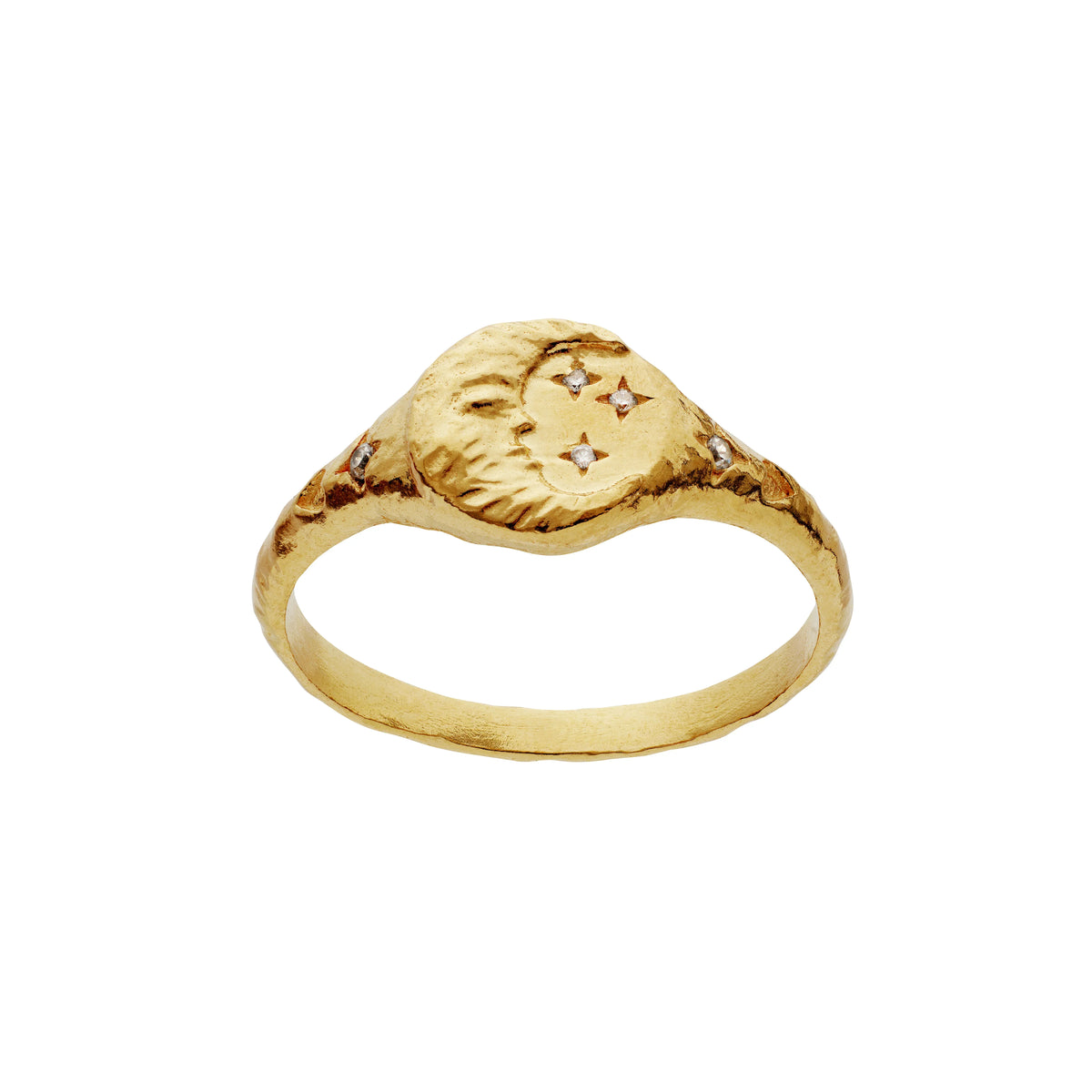 Moonstone Magdalena gold-plated ring with moon and stars on raw surface, Model 4871a-001.