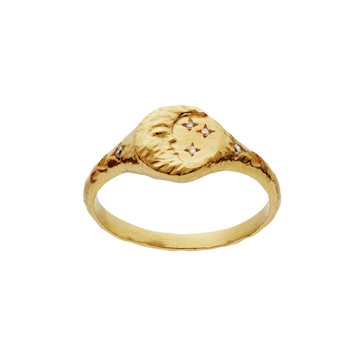 Moonstone Magdalena gold-plated ring with moon and stars on raw surface, Model 4871a-001.