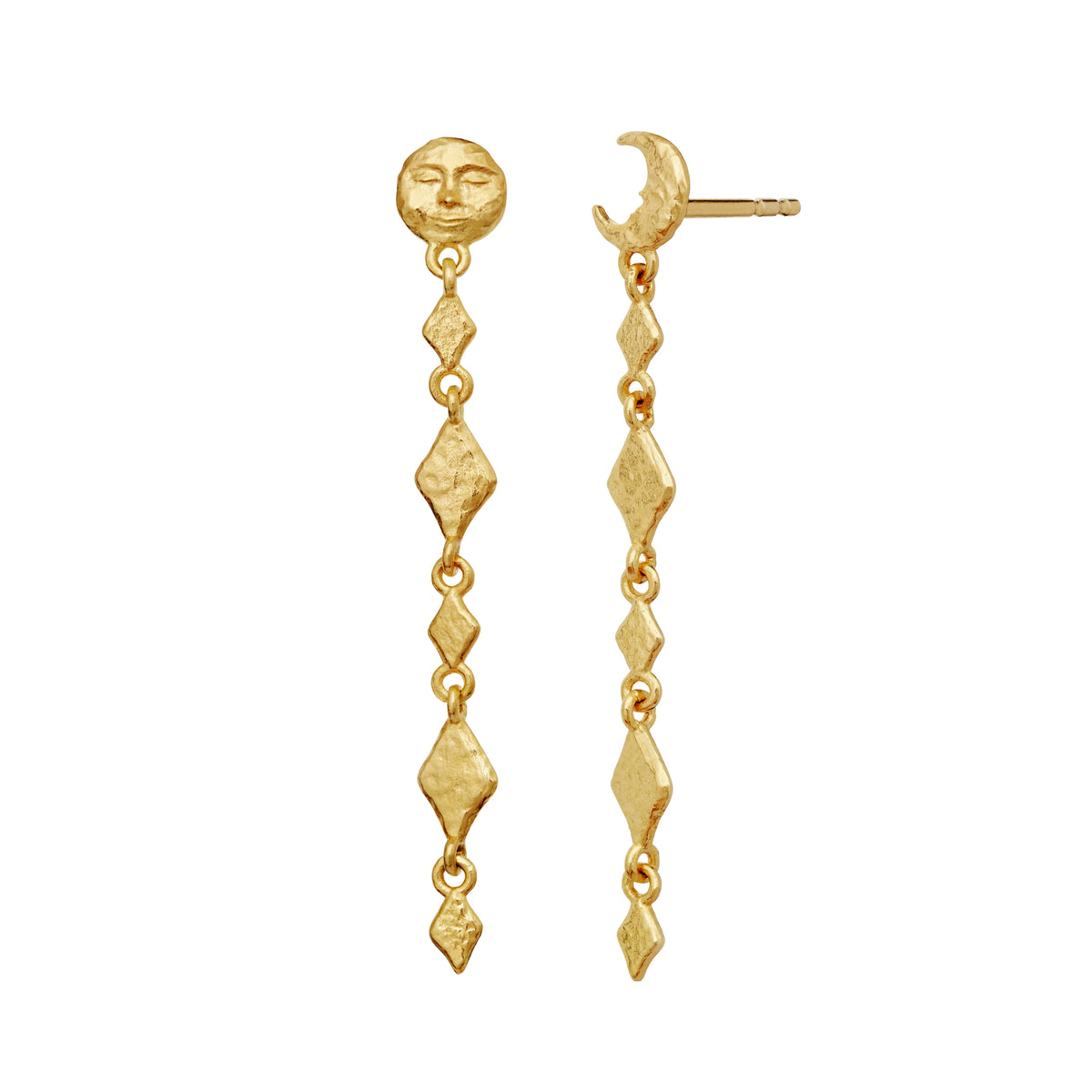 Moonstone Minola gold-plated earrings with sun and moon motif, elegant and textured. Model 10034a-1