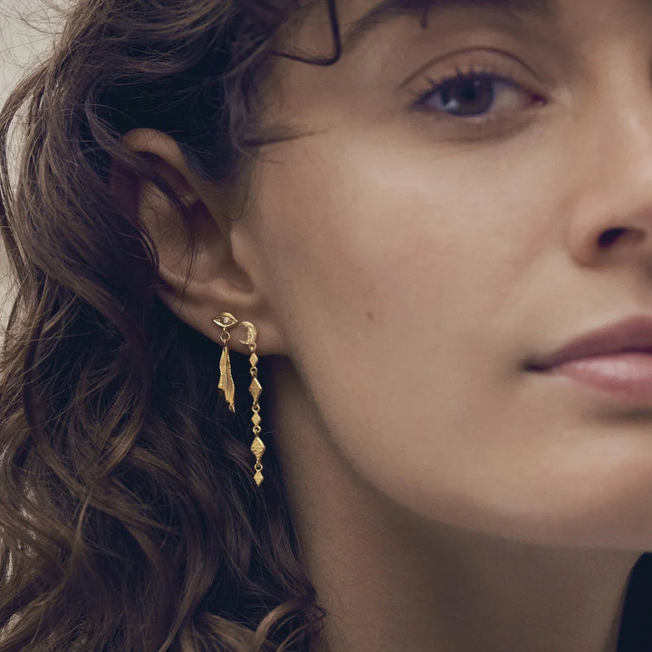 Moonstone Minola gold plated earrings shown on woman, elegant details. Model 10034a-2.