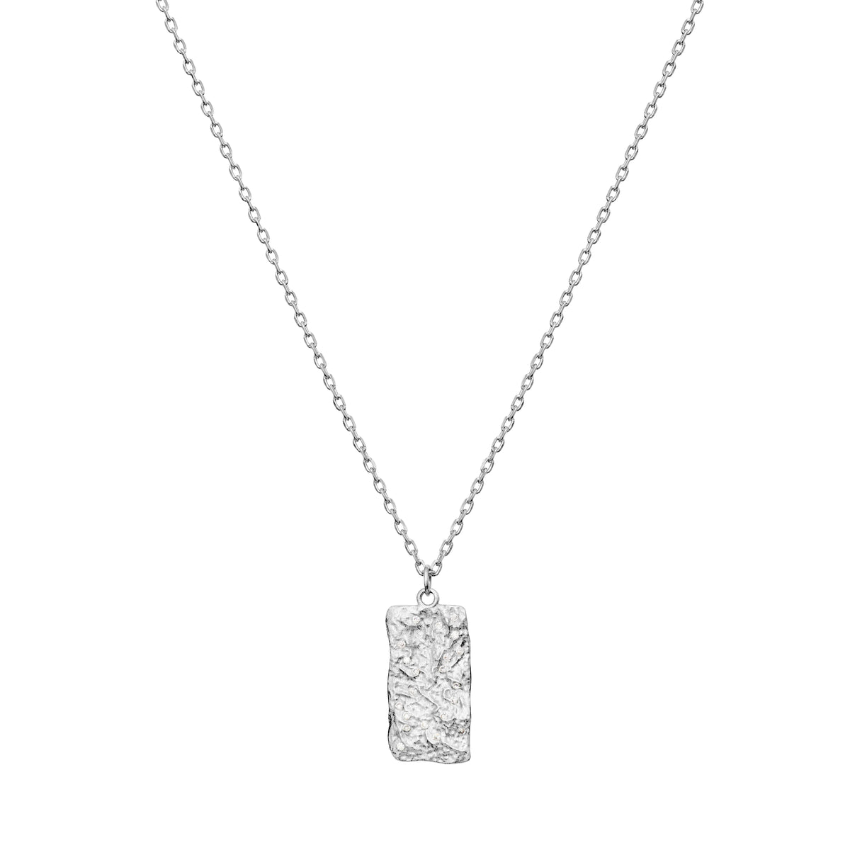 Maanesten Notabene silver necklace with raw, rectangular pendant on a simple chain. Model 2802c-1.