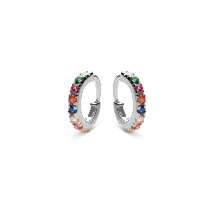 Moonstone Nubia Color Earrings in silver with colored stones, two creoles on a white background. Model 9337c-9337c-1