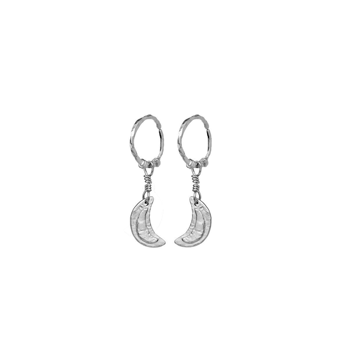 Maanesten Odessa Earrings in silver, detail image of earrings with moon pendant, Model 9841c-1