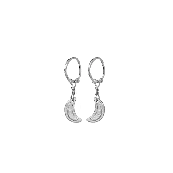 Maanesten Odessa Earrings in silver, detail image of earrings with moon pendant, Model 9841c-1