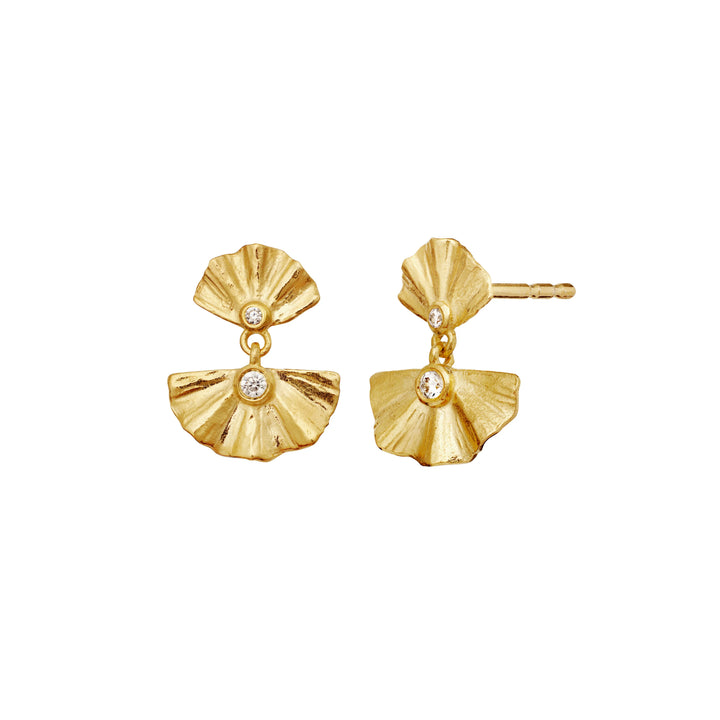 Maanesten Odile gold-plated earrings with floral, grooved design and clear stones, Model 10039a-1