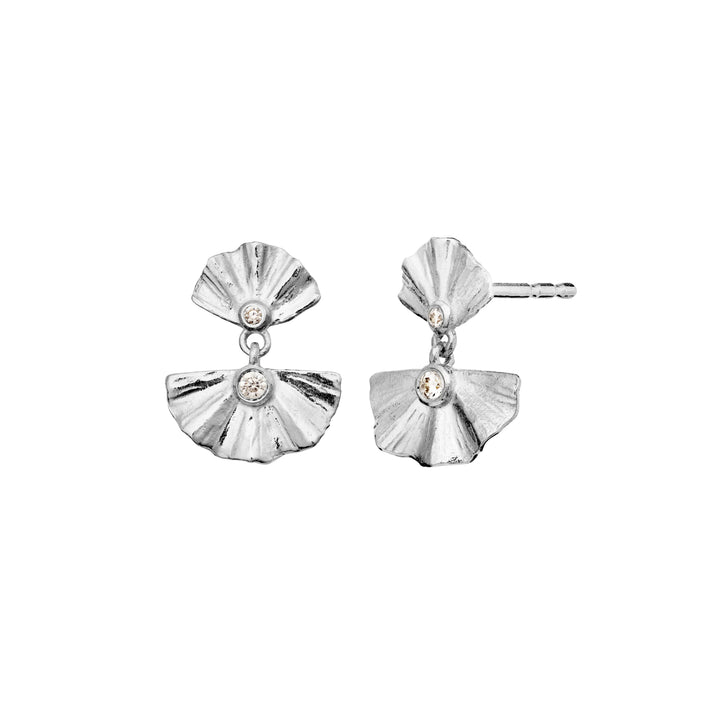 Moonstone Odile silver earrings with curved fan-shaped pendants and discrete clear stones, Model 10039c