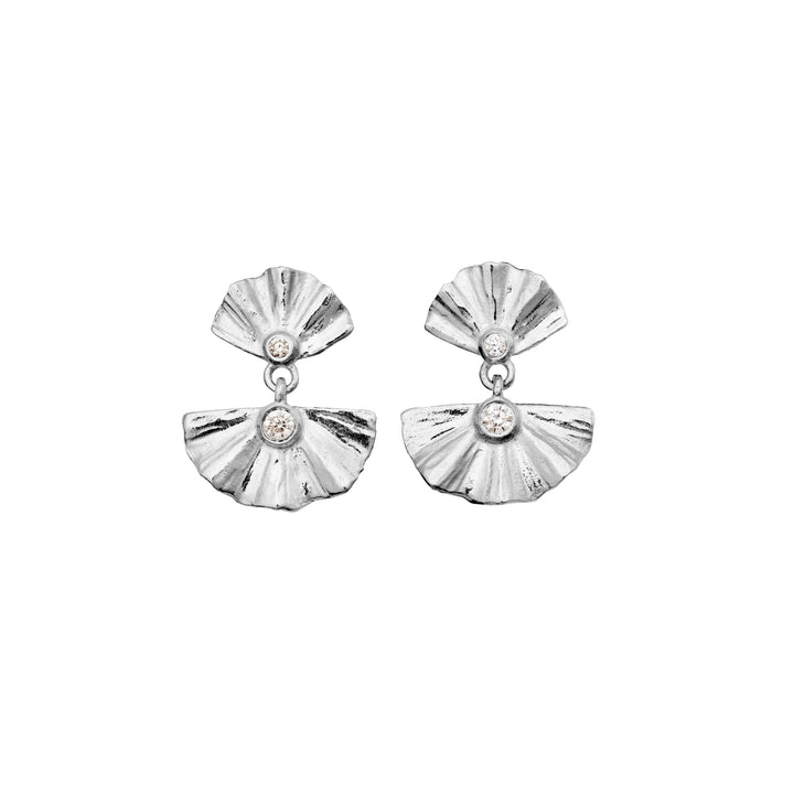 Maanesten Odile silver earrings with two fan-shaped pendants and small clear stones, Model 10039c