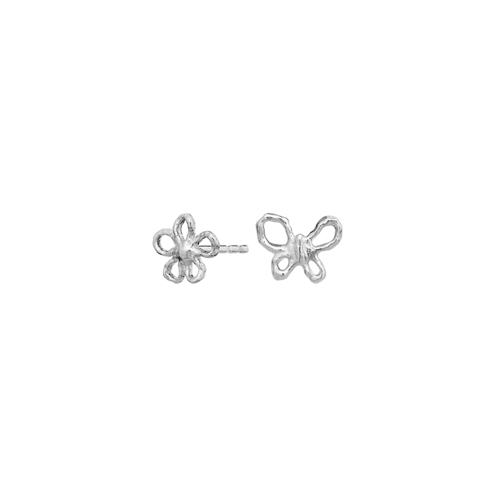 maanesten-paula-solv-earring-butterfly-duck-flower shows silver earring with butterfly and flower motif, Model 10108c-2