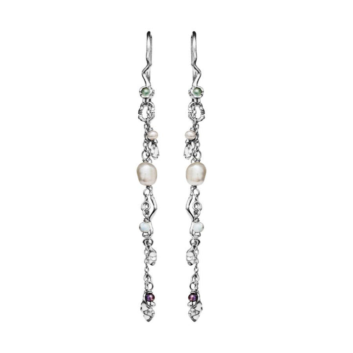 Maanesten Poppy earrings in silver with pearls and small stones, long chain detail, Model 9672c-9672c-2.