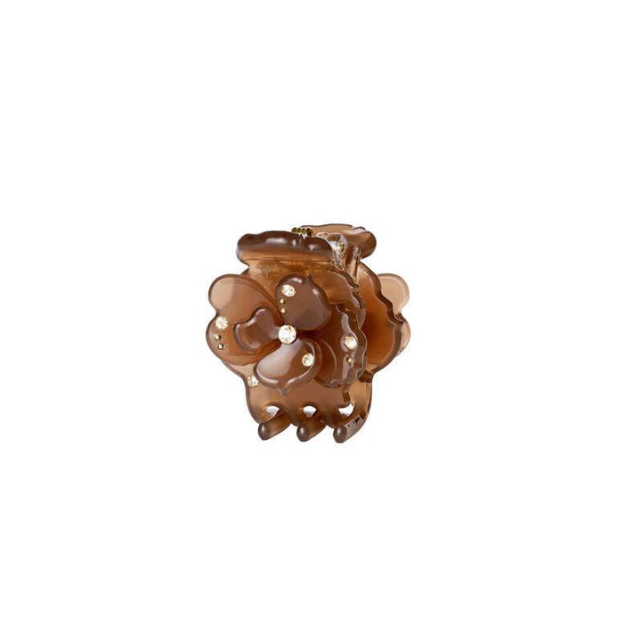 maanesten-rohi-hair-claw-mocha shows a brown hair clip with floral details and small stones, Model 3999