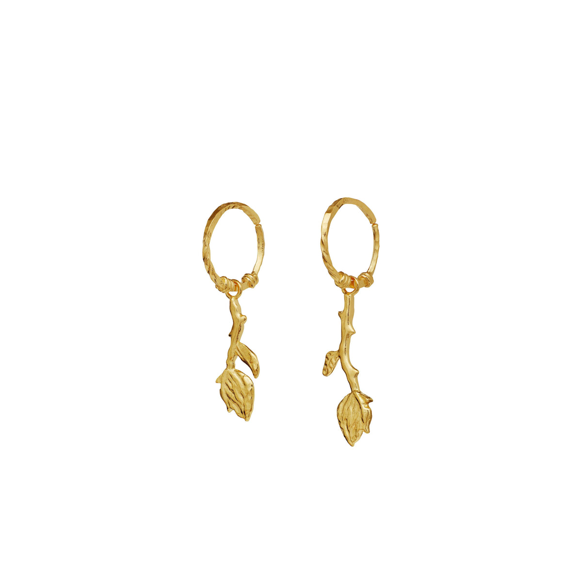 Moonstone Rory gold-plated creoles with rose stem shown as a set of gold-plated earrings with a leaf motif. Model 9997a-1