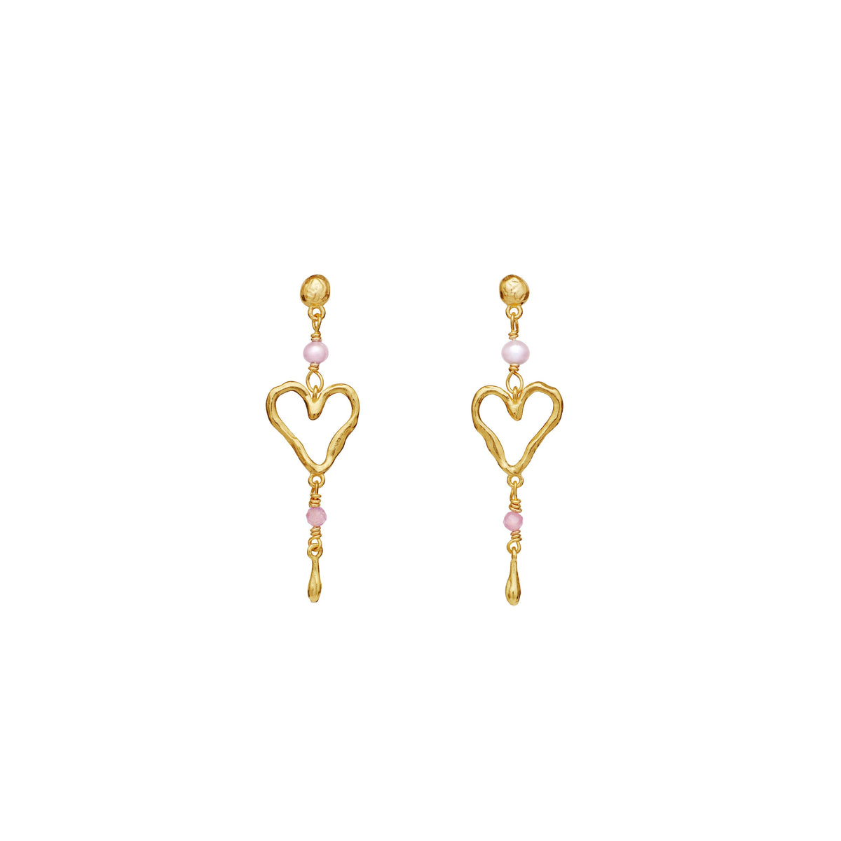 Moonstone Sabi gold-plated heart-shaped earrings with pink pearls, Model 9992a-1.