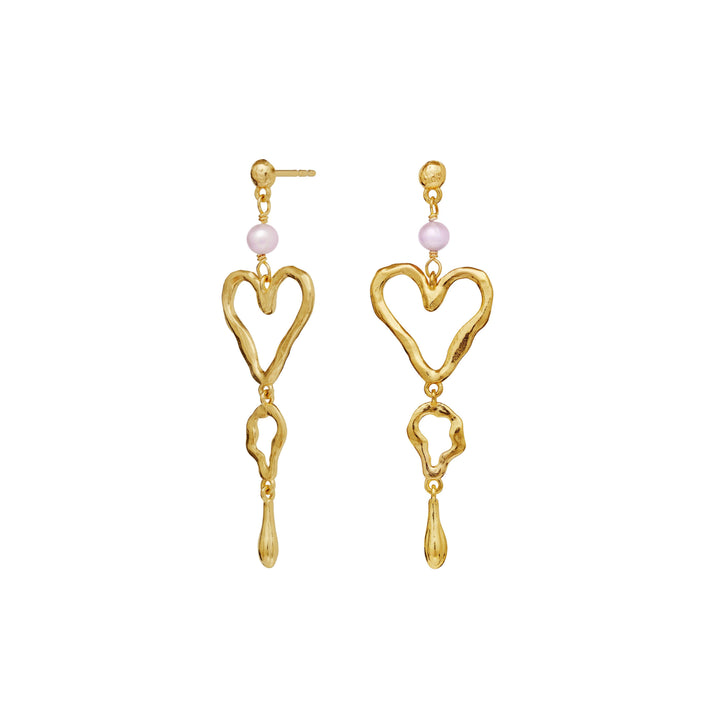 Moonstone Sabrina gold-plated earrings with heart motif, hanging with pearl and organic shapes. Model 9991a-2