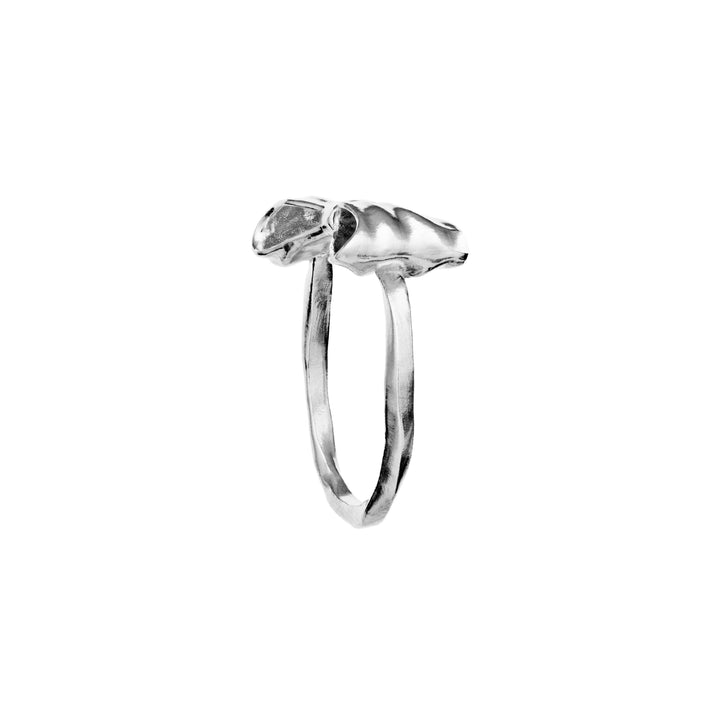 moonstone satin silver ring bow with organic design, glossy surface on white background, Model 4832c-003