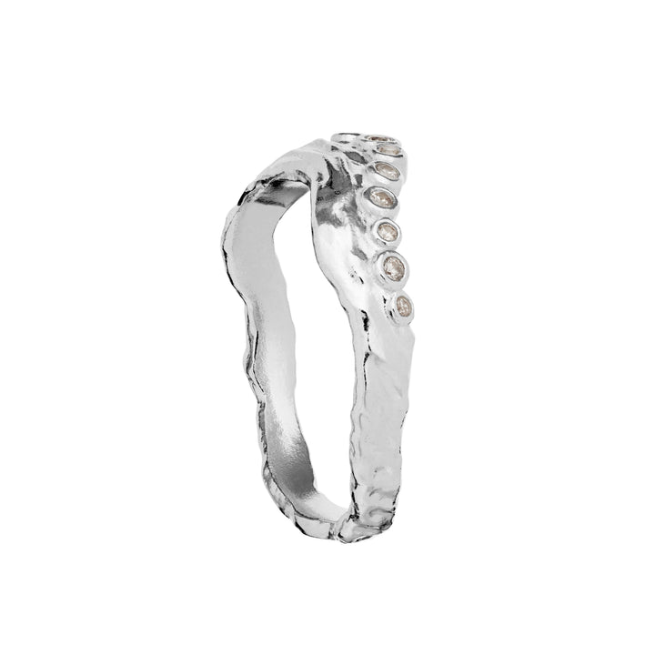 Moonstone Selene silver ring with zirconia, organic surface and small clear stones. Model 4866c-001-2