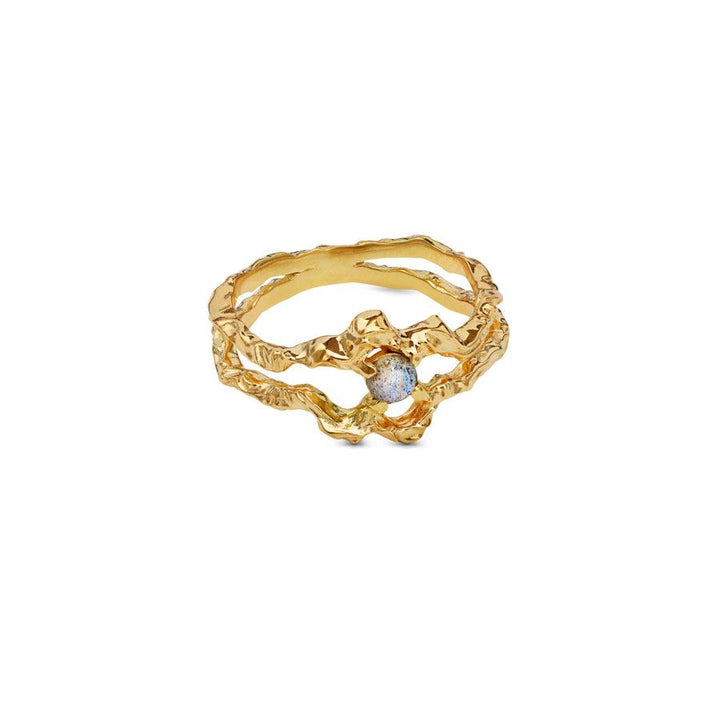 Moonstone Shelly Ring 18kt gold-plated silver with raw organic shapes and a small stone, Model 4738a-001-2