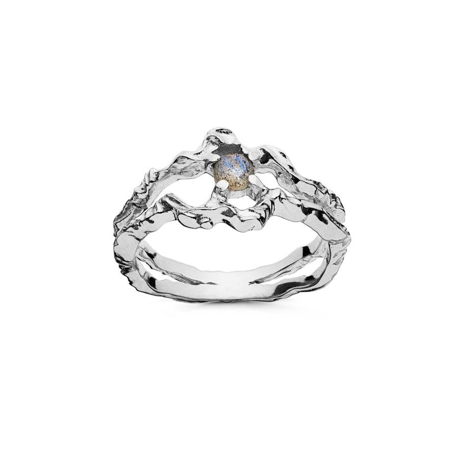 Moonstone Shelly Ring in silver with organic shape and small blue stone, Model 4738c-4738c-001-1