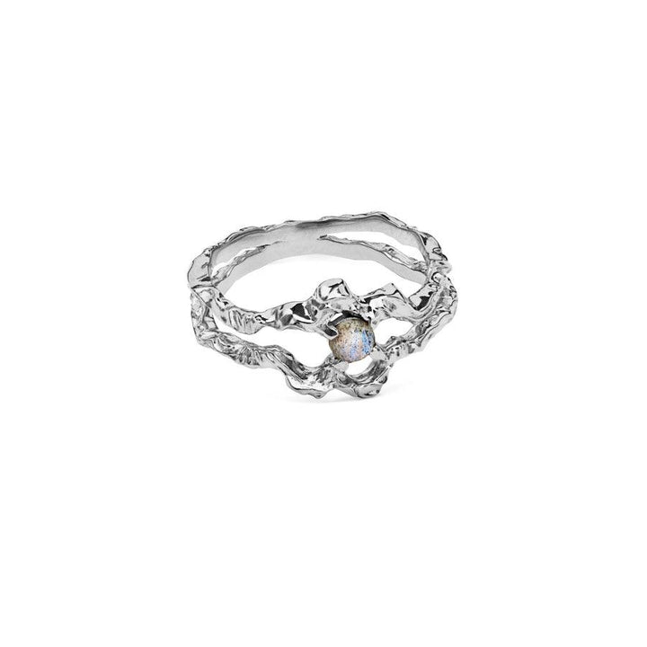 Moonstone Shelly Ring in silver with organic structure and small iridescent stone. Model 4738c-001-2.