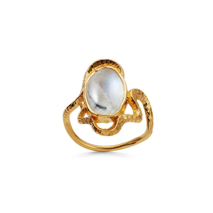 Moonstone Siren Ring 18 kt gold-plated with large oval stone and organically shaped gold band. Model 4731a-001-2