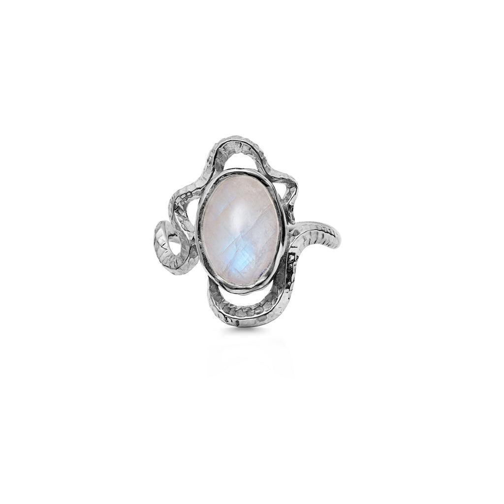 Moonstone Siren silver ring with large oval white stone and twisted structure, Model 4731c-4731c-001-1.
