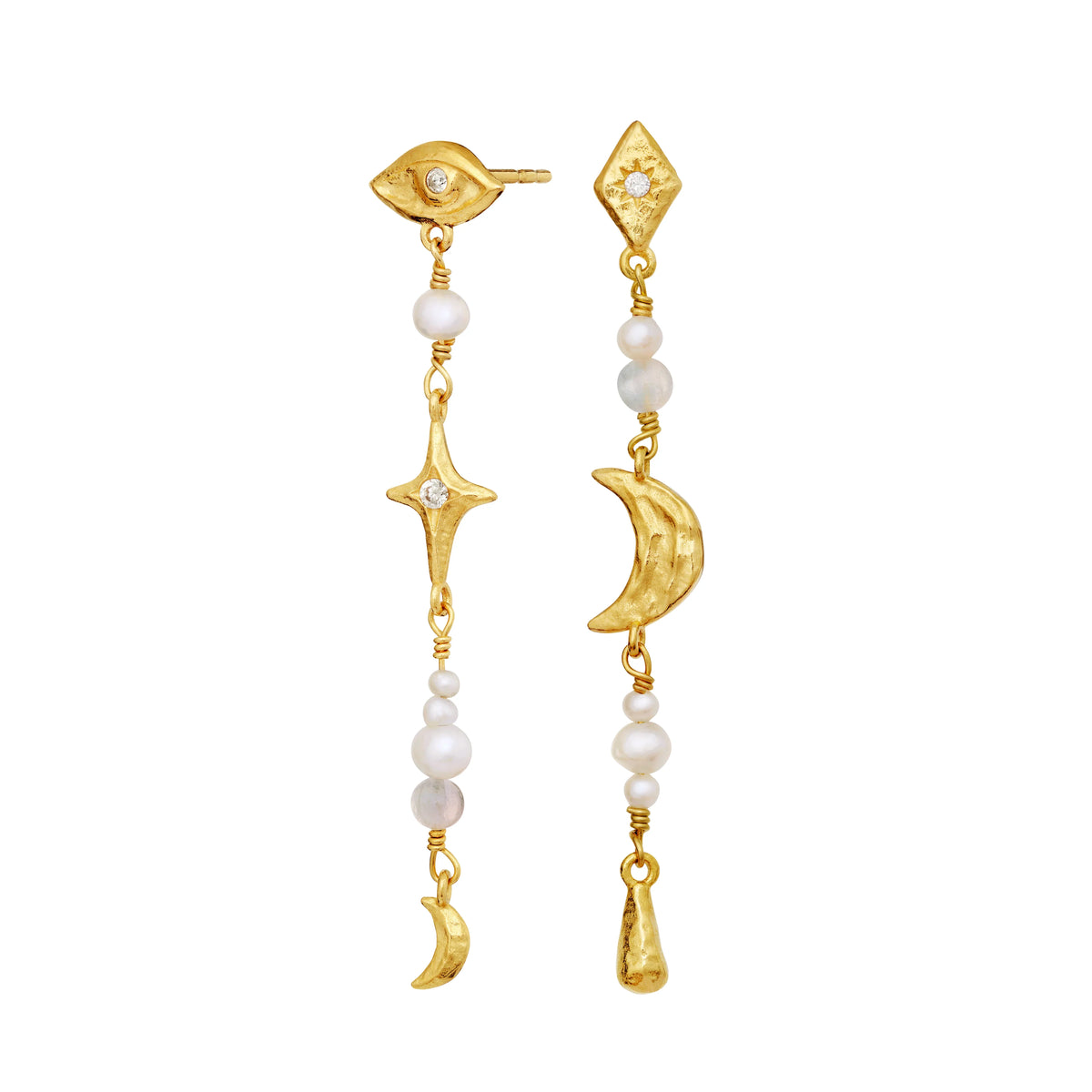 Maanesten Sissone gold-plated earrings with pearls and golden pendants in star and moon shape. Model 10033a