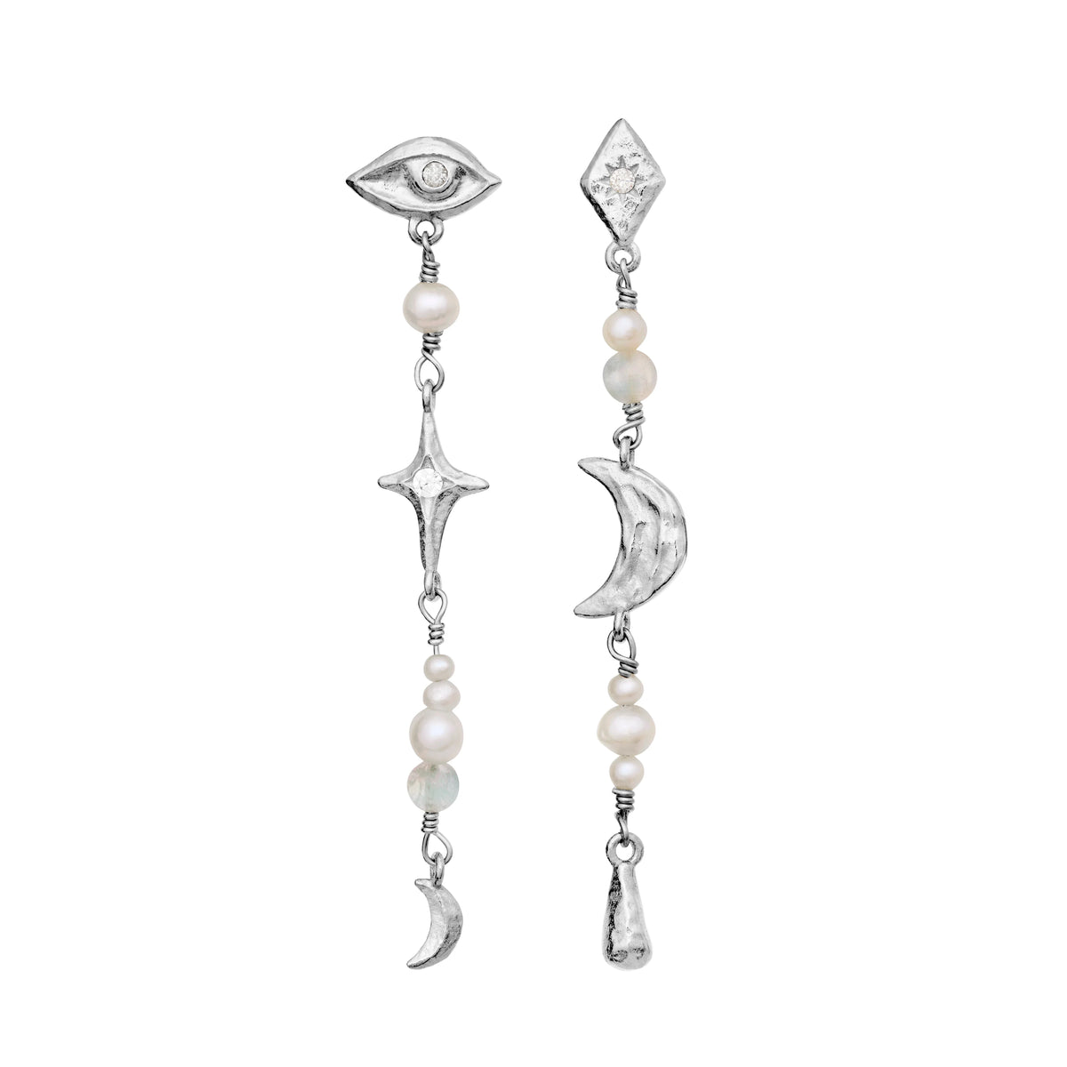 Maanesten Sissone silver earrings with different sky motifs, pearls and structure, Model 10033c