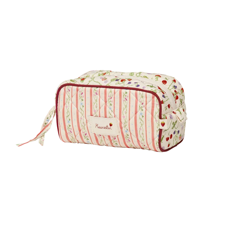 Maanesten Stardust Bag Summer Stripes Peach appears as a quilted toiletry bag with pink stripes, flowers and handle. Model 4114-one size