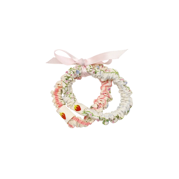 maanesten summer hair elastic set multicolor stripe shows two floral elastic bands with pink bow, Model 4134-1