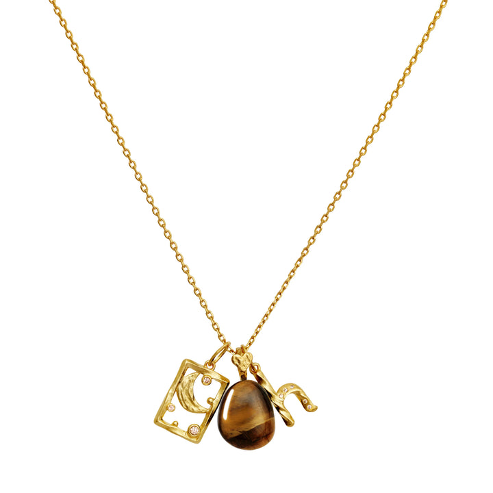 moonstone-tiger-eye-earth-spirit-pendant-wood pendant-gold plated with golden chain, tiger eye and decorative pendant. Model 2830a-2